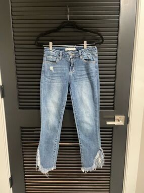 Distressed Frayed Step Hem Cropped Jeans Light Blue Denim Size 26